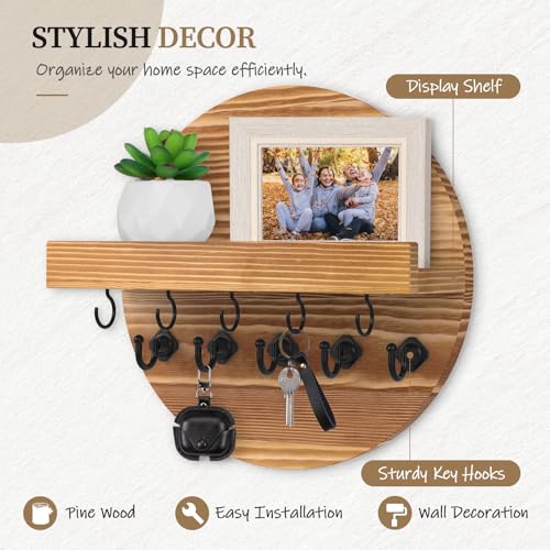 Nekon Key Holder Wall Mount, Key and Mail Organizer for Wall | 9.8 Inch Round Wooden Rustic Wall Organizer for Entryway, Hallway, Kitchen, Office
