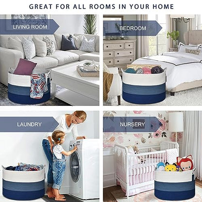 COMSE XXXLarge Woven Blanket & Laundry Basket, 87L, White & Blue | 21.7" x 13.8", Cotton Rope, Nursery Hamper for Storage of Toys Clothes Towels, Ideal for Living Room Bedroom Bathroom - color: White & Cadet Blue & Navy Blue