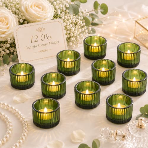 Lanttu 12 Pcs Green Tealight Candle Holder 2'' x 1.4'' | Small Votive Candle Holders for Table Centerpiece, Glass Tea Light Candles Holder for Party & Home, Wedding Decor - color: Green