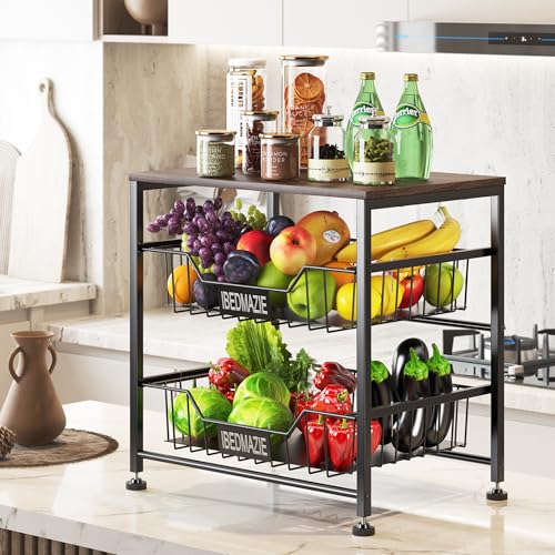 3 Tier Fruit Basket for Kitchen Metal Storage Organizer with Drawers | Adjustable Feet,Easy Assembly