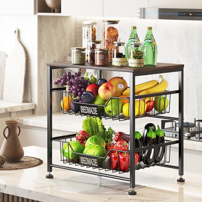 3 Tier Fruit Basket for Kitchen Metal Storage Organizer with Drawers | Adjustable Feet,Easy Assembly