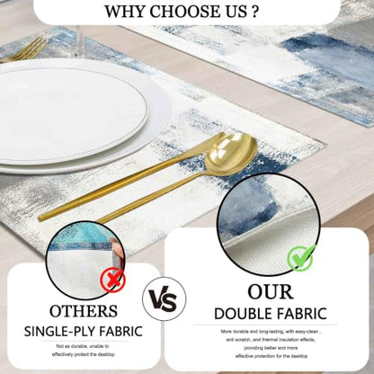 Mcalk Dusty Blue Table Runner and Placemats Set of 6 Pieces, Pink Flower Placemats Modern Art,Abstract Art Cloth Place Mats Indoor for Kitchen,Washable Placemats Linen Material for Dining Table - color: 01grey and Blue