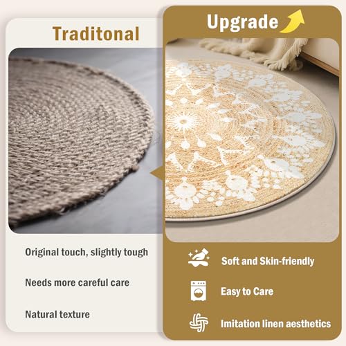 Carvapet Faux Jute 2 ft Round Washable Rug, Imitation Jute Low Pile Circle Small Carpet with Non Slip Rubber Backing, Foldable Stain Resistant Area Rug for Living Room Bedroom Office Bathroom - color: Pearl, size: 2' (Round)