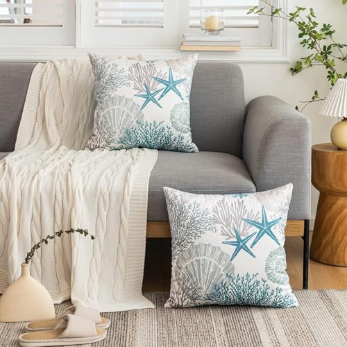 Coastal Pillow Covers Set of 2, 24x24, Blue | Soft Velvet Touch, Beach Nautical Starfish Ocean Themed, Decorative Pillow Cases for Bedroom Living Room Sofa - size: 24" x 24" (Pack of 2)