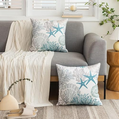 Coastal Pillow Covers Set of 2, 24x24, Blue | Soft Velvet Touch, Beach Nautical Starfish Ocean Themed, Decorative Pillow Cases for Bedroom Living Room Sofa - size: 24" x 24" (Pack of 2)