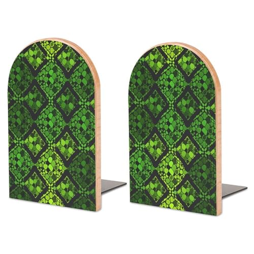 Abstract Snake Skin Green Bookends for Shelves Decorative Book Ends to Hold Books 2 PCS Wooden Bookends Non-Skid Book Stoppers Bookshelf Decor 6.7"x4.7" - color: Style