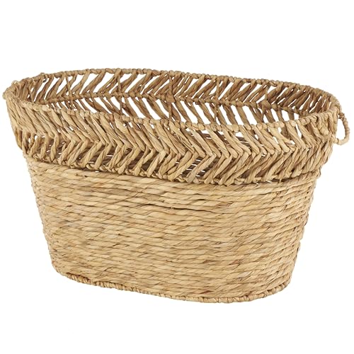 Deco 79 Seagrass Handmade Decorative and Functional Storage Basket Large Woven Oval Basket Organizer with Zig Zag Patterned Rim, Basket for Storage 30" x 20" x 17", Brown - size: 30" x 20" x 17"
