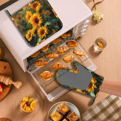 Abstract Oil Painting Sunflower Oven Mitt and Pot Holder with Silicone Heat Resistant Kitchen for Cooking BBQ Baking Grilling Cooking Protection - color: Abstract Oil Painting Sunflower