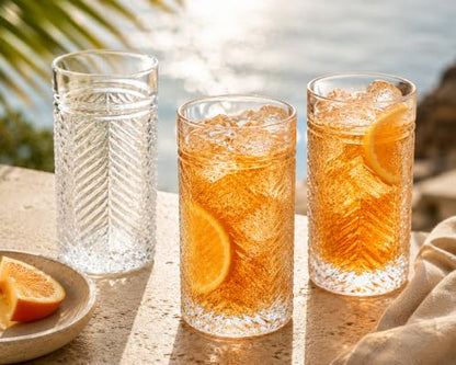 Highball Glasses Set of 4 Herringbone, 15.5 oz Tall Drinking Glasses, Elegant Textured Premium Glassware Tumblers for Water, Juice, Cocktails, Everyday use Vintage Style Beverage Glass Set