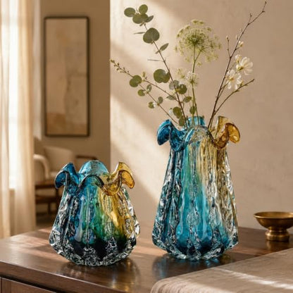 9.9" Tall Large Clear Glass Vase Wide Mouth, Pretty Hand Blown Glass Vase for Bouquet, Unique Teal and Amber Sea Vases for Modern High End Living Room, Office, Dining Table Centerpieces - size: Medium