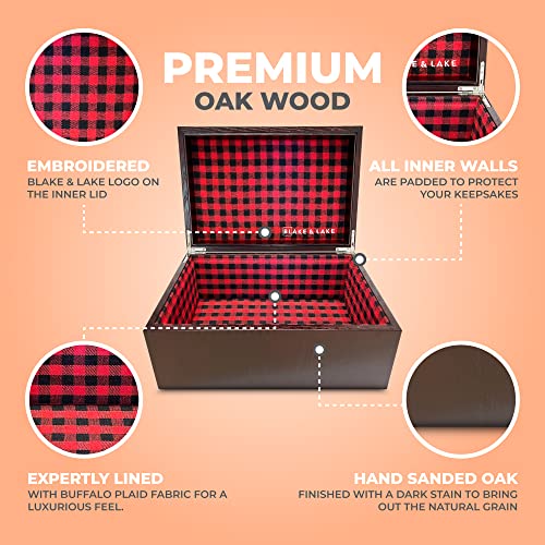 Blake & Lake Large Oak Wooden Keepsake Box - Storage Box Lined with Buffalo Plaid - Decorative Boxes for Home (Hinge Box)
