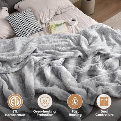 Bearhug Electric Blanket King Size 100" x 90" Dual Controllers Heated Blanket, 10 Heat Settings, 1-12 Hour Auto Shut-Off, Faux Fur & Sherpa Dual-Sided, Machine Washable, Gift-Ready Elegant Packaging - color: Silver Shade Gradient Stripe, size: King Size 1