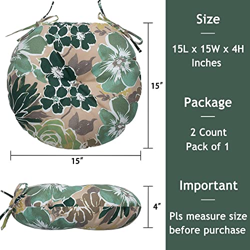 Magpie Fabrics 15" Round Bistro Seat Cushions with Ties, Set of 2, Waterproof All Weather Tufted 4" Thick Patio Chair Pads for Home Garden Dining Metal Stool - Green Floral - color: A Green Floral