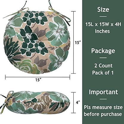 Magpie Fabrics 15" Round Bistro Seat Cushions with Ties, Set of 2, Waterproof All Weather Tufted 4" Thick Patio Chair Pads for Home Garden Dining Metal Stool - Green Floral - color: A Green Floral