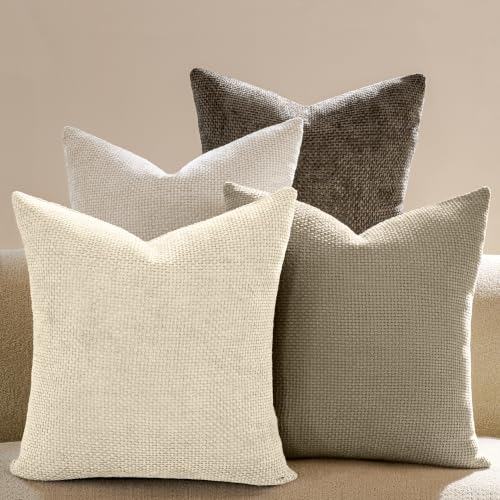 Couch Throw Pillow Covers 18x18 Inch Pack of 4 Neutral Sliver Gray Soft Decorative Chenille Pillow Covers Farmhouse Boho Cushion Covers for Home Decor Sofa Bedroom Living Room - color: Beige/Brown, size: 18" x 18" (Pack of 4)