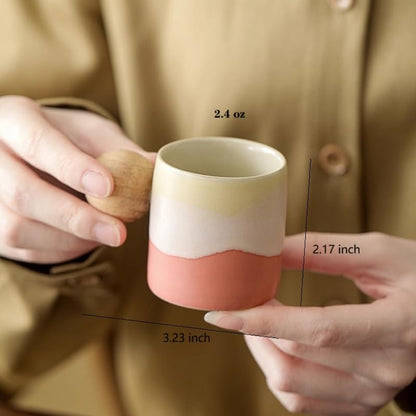 2.4oz Ceramic Espresso Cups Set of 4, Small Coffee Cups with Wooden Handle, Gradient Color Demitasse Cups, Ceramic Tea Cups Gift Box Packaging (Round Handle) - color: Round Handle