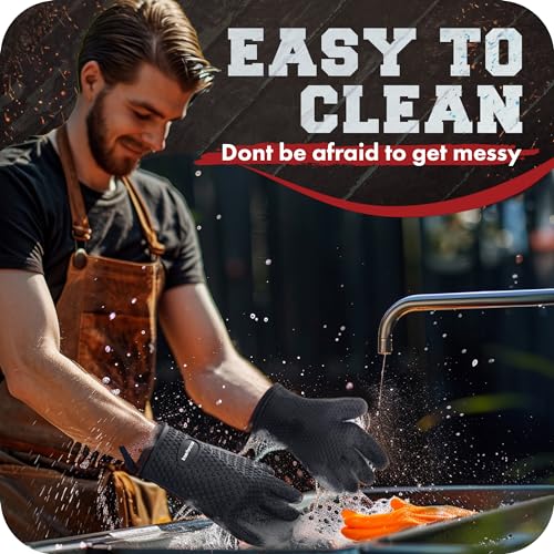 KITCHEN PERFECTION Silicone Smoker Oven Gloves-Extreme Heat Resistant BBQ Gloves-Handle Hot Food Right on Your Grill Fryer & Pit|Waterproof Grilling Cooking Baking Mitts|Superior Value Set +3 Bonuses | Waterproof, 5-Finger Design For A Better Grip, for Pi