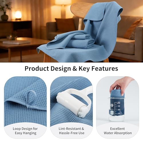 MICROFI Waffle Weave Bath Towel Set, Microfiber, 4 Pieces (Body/Hair/Hand/Face), Quick Dry, Lightweight, Super Absorbent, Lint Free, 380 GSM (Blue) - color: Blue