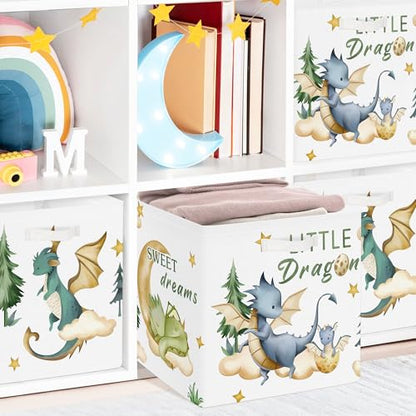Clastyle 11.8" Dinosaur Storage Basket Set of 3 for Kid Boy Toy Clothes Bin | Collapsible Fabric Book Bin, Metal Frame Bottom Board, Cube Organizer, Closet Nursery Pantry Shelf Bedroom, Boho Dragon - color: Dragon