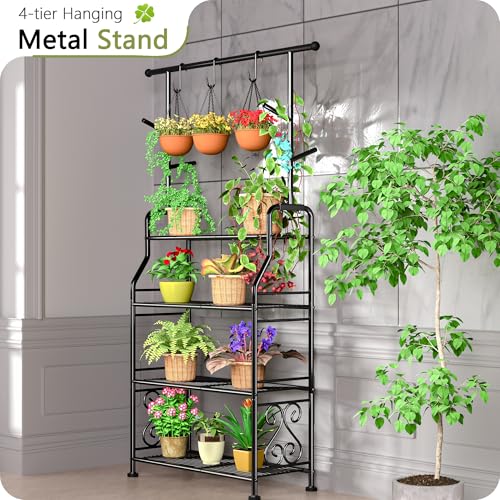 GIOTORENT Plant Stand Indoor Outdoor, 4-Tier Heavy Duty Metal Shelves, Display up to 17 Multiple Plants, Tall Plant Holder with Plant Hanger, Suit for Patio Living Room Garden Balcony, 5 Hooks, Black - size: B-4Tier-Hanger