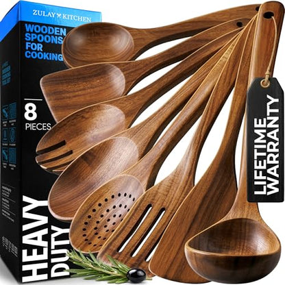 Zulay Kitchen Premium 8-Piece Wooden Spoons - Smooth Finish, Natural Teak Wood, Non-Stick, Handmade - size: 8 Piece
