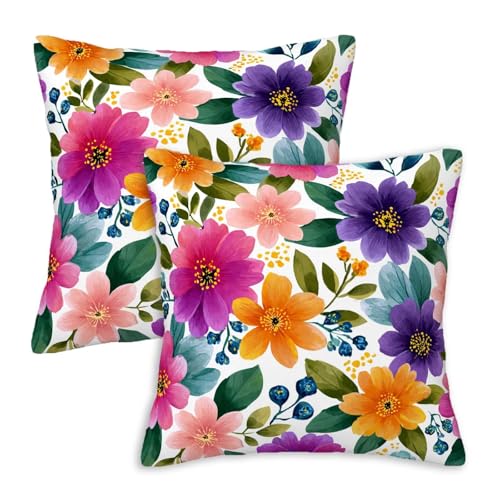 Colorful Floral Throw Pillow Covers 18x18 Set of 2, Watercolor Flower Decorative Cushion Cover, Pink Purple Orange Botanical for Couch Sofa Bed Living Room Home Decor - color: Colorful Floral
