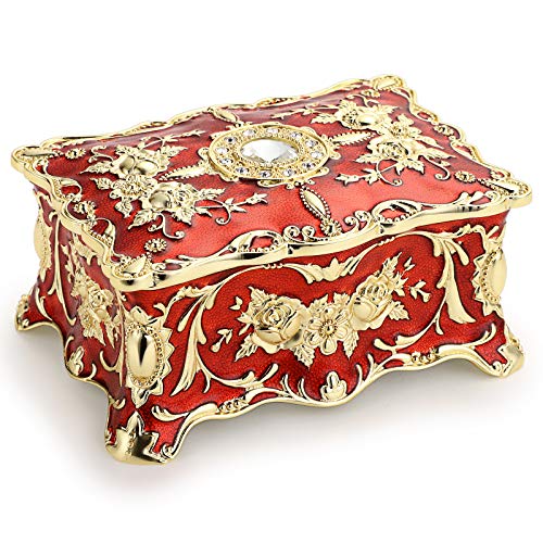Hipiw Ornate Metal Jewelry Box Vintage Red Treasure Box with Gold Pattern | Jewelry Decorative Boxes Gift for Women, Trinket Storage Organizer Keepsake Boxes Case, 4.9"x3.4"x2.7" - color: Red, size: Medium