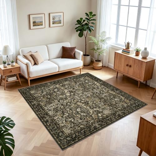 Brown 5x5 Rug for Living Room: Vintage Square Area Rugs for Bedroom Entryway Dining Room - Pet Friendly Durable Low Pile Non-Slip Stain Resistant Carpet - Floral Aesthetic Design - color: Brown and Gold, size: 5' x 5' (Square)