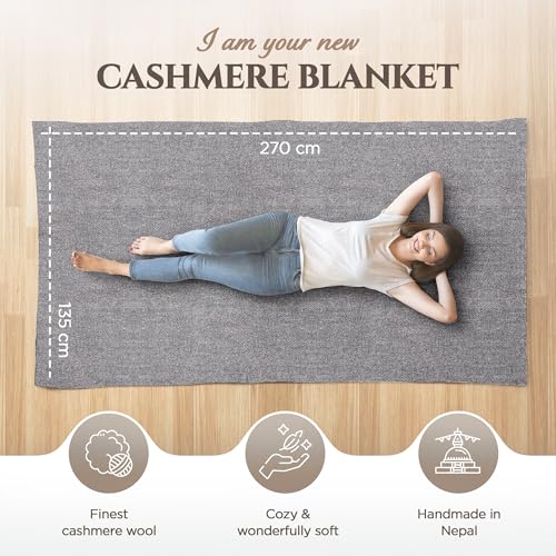 Cashmere Blanket – Hand Woven 100% Pure Wool Throw Blanket, 135 x 270 cm – Plain Cozy, and Soft Blanket for Bed, Sofa, or Couch - Made in Nepal - color: Dark Grey