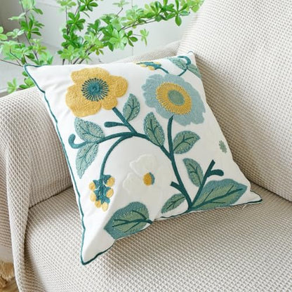 vctops Floral Embroidered Pillow Covers 18x18 Inch Spring Summer Cotton Tufted Throw Pillow Cover Outdoor Garden Cushion Case for Sofa, Bed, Living Room (Flower H,18"x18") - color: Flower H