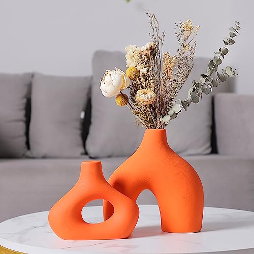 CEMABT Orange Ceramic Vase Set of 2 for Modern Minimalist Bohemian Decor，Round Matte Donut Vases for Pampas Grass-Perfect for Living Room, Dining Table, Office Bedroom Shelf Decor Entryway, Console - color: Orange
