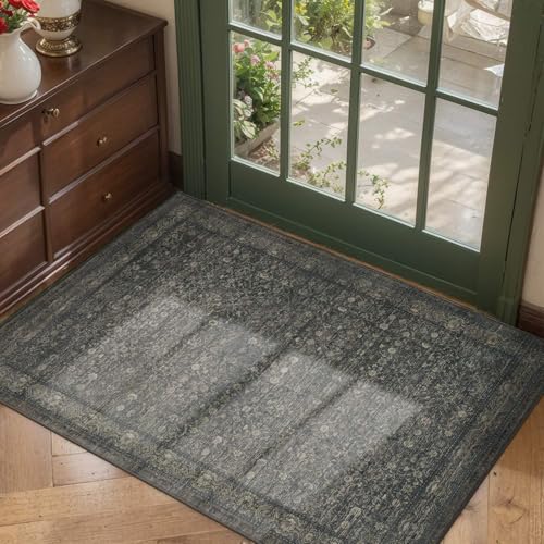 2x3 GreenWashable Entryway Rug,Small Door Mat for Bathroom Kitchen | Soft,low pile,stain resistant,small throw carpet, ideal for kitchen, hallway, nursery, laundry & bedside indoor spaces - color: Moss/Brown, size: 2' x 3' (Rectangular)