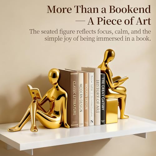 Decorative Bookends Set, Ceramic Book Ends for Shelves, Home Office Aesthetic Book Stopper, Reading Book Holder Statues for Bookshelf Bedroom Living Room Decor (Gold)