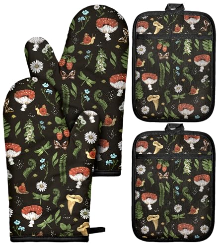 Miss Adola Cotton Oven Mitts and Pot Holders Sets, Forest Charm | Heat-resistant up to 350°F, Pure Cotton, Quilted Contact Surface, Stylish Design, with Hanging Loop, Ready to Gift Package - color: Forest Charm