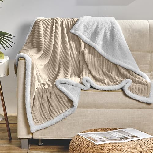 Elegant Comfort Corduroy Sherpa Reversible Throw Blanket, Medium Weight and Super Plush - Soft, Fuzzy and Plush Flannel Blanket - Micro-Suede - Corduroy Striped Pattern, 50 x 60 Inch Throw, Taupe