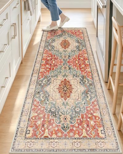 OLANLY 2x6 Washable Runner Rug, Soft Non Slip Carpet for Hallway Kitchen | Brick Red Boho Vintage Floral Medallion Farmhouse Rug, Spill & Stain Resistant Low Pile, for Entryway Laundry Office Bedroom - color: Brick Red, size: 2' x 6' (Runner)