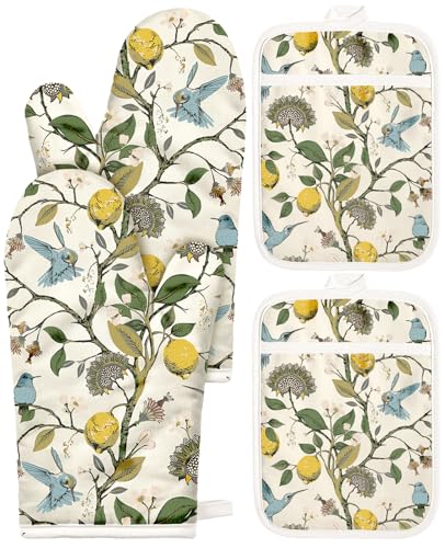 Miss Adola Cotton Oven Mitts and Pot Holders Sets, Lemon Songbird | Heat-resistant up to 350°F, Pure Cotton, Quilted Contact Surface, Stylish Design, with Hanging Loop, Ready to Gift Package - color: Lemon Songbird