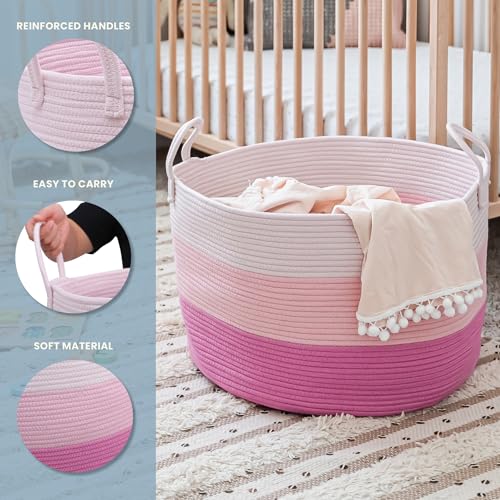 OrganiHaus Round Toy Basket & Blanket Basket, Cotton Rope 20x13" | 3-Toned Pink - Round Cotton Rope Basket, 20x13" - color: 3-toned Pink, size: Wide
