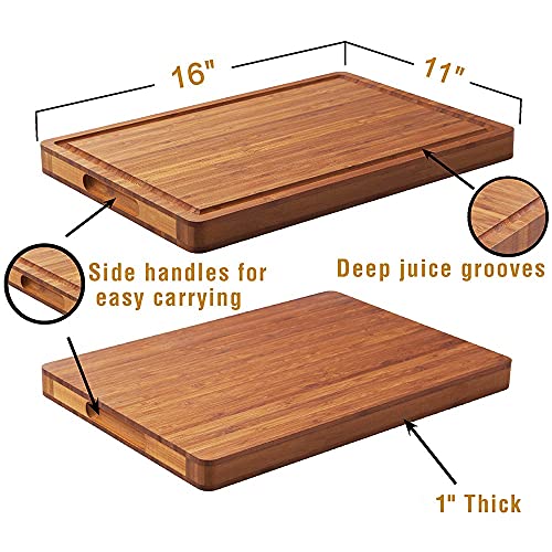 Allsum Extra Thick Wood Cutting Board for Kitchen, Reversible and Durable | 1” thick carbonized bamboo butcher block - resists warping - with handles, juice groove - charcuterie board for party - size: 16"L x 11"W