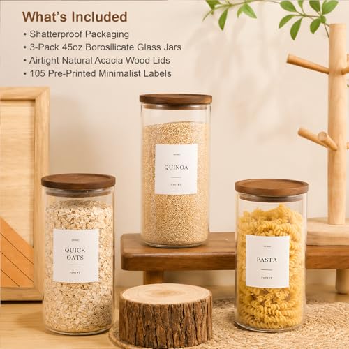 3 Pack Glass Containers with Acacia Lids, 45oz Pantry Airtight Storage Jars | Kitchen Canister Set with 105 Labels, Pantry Food Storage Containers with Wood Lids for Oats, Flour, Coffee, Sugar, Pasta - size: 45oz 3 Pack