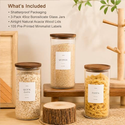 3 Pack Glass Containers with Acacia Lids, 45oz Pantry Airtight Storage Jars | Kitchen Canister Set with 105 Labels, Pantry Food Storage Containers with Wood Lids for Oats, Flour, Coffee, Sugar, Pasta - size: 45oz 3 Pack