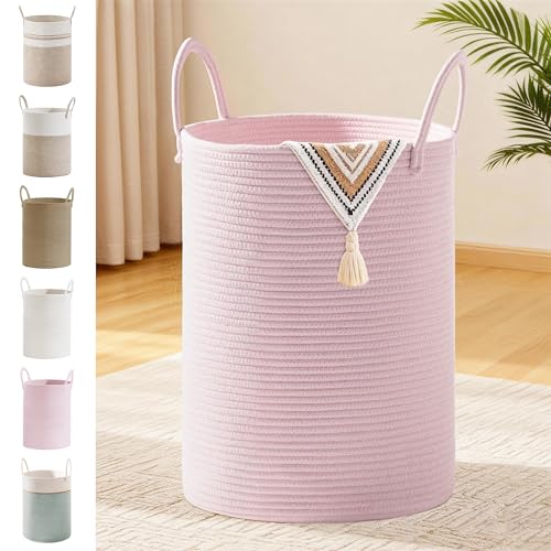 72L Large Tall Cotton Rope Laundry Basket with Handles, Pink | Storage Bin for Clothes, Blankets & Kids Toys, Girls Woven Hamper, Portable Organizer for Nursery, Bedroom, Living Room - color: Pink, size: 72L