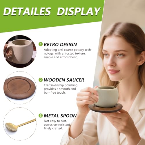 Ceramic Coffee Mug Set with Natural Wood Saucer & Spoon - 8.5 Oz Elegant Tea Cups for Latte, Hot Tea, Cappuccino, Milk - Microwave & Dishwasher Safe Cups for Men Women Birthday Christmas Gifts