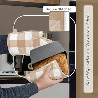 Native Fab Buffalo Plaid Check Oven Mitts and Pot Holders Set of 4, 100% Cotton Heat Resistant Kitchen Gloves, 2 Oven Mitts (7x13), 2 Pot Holders (8x8) for Cooking & Baking, Beige White - color: Buffalo, Beige