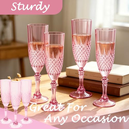 12 Pack Plastic Champagne Flutes, Pink Reusable Champagne Glass | Unbreakable Hard Plastic Mimosa Cups Bulk with Stem, Fancy Stemware for Wedding, Party & NYE Celebration - color: Pink
