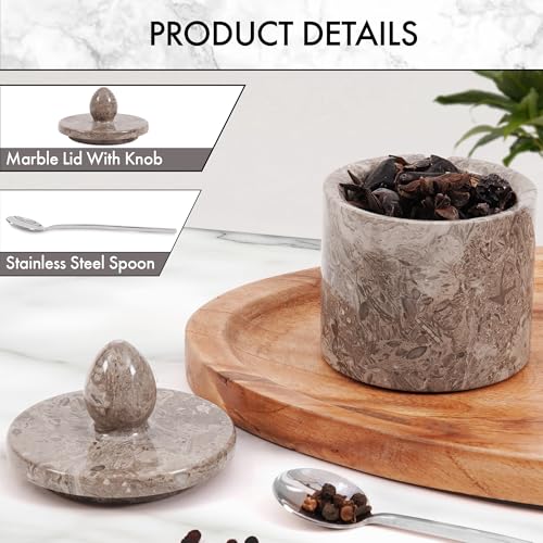 Marble Salt Cellar with Lid 4" Inch Oceanic Handmade Salt Jar & Spice Storage Containers For Kitchen Countertop, Ideal Sugar Bowl & Salt dish For Table - color: Oceanic