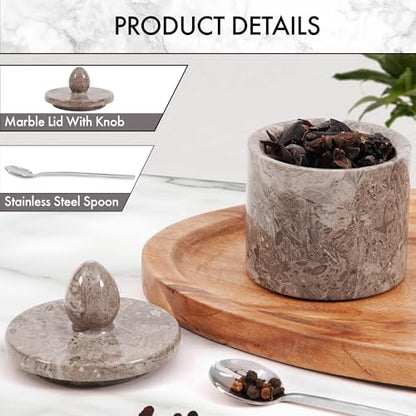 Marble Salt Cellar with Lid 4" Inch Oceanic Handmade Salt Jar & Spice Storage Containers For Kitchen Countertop, Ideal Sugar Bowl & Salt dish For Table - color: Oceanic