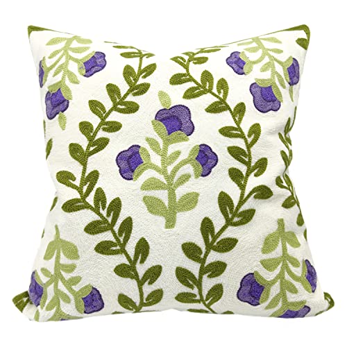 Alysheer Floral Embroidered Spring Decorative Throw Pillow Cover 18"x 18", Farmhouse Cottage Purple Flowers Green Leaves Knit Pattern Cotton Canvas Cushion Case for Sofa Couch Bed Living Room Decor - color: Purple, size: 18" x 18" (Pack of 1)