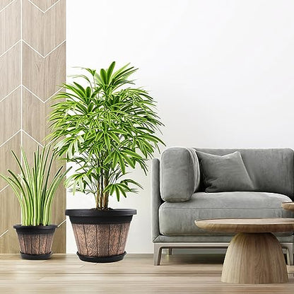 Quarut Large Plastic Plant Pots Set of 4 Pack13 inch,Whiskey Barrel Planters with Drainage Holes & Saucer.Flower Pots Imitation Wine Barrel Design for Indoor & Outdoor Garden Balcony Plants (Brown) - size: 13 inches