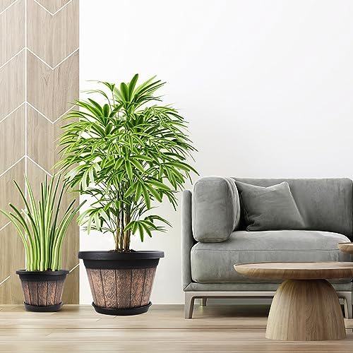 Quarut Large Plastic Plant Pots Set of 4 Pack13 inch,Whiskey Barrel Planters with Drainage Holes & Saucer.Flower Pots Imitation Wine Barrel Design for Indoor & Outdoor Garden Balcony Plants (Brown) - size: 13 inches